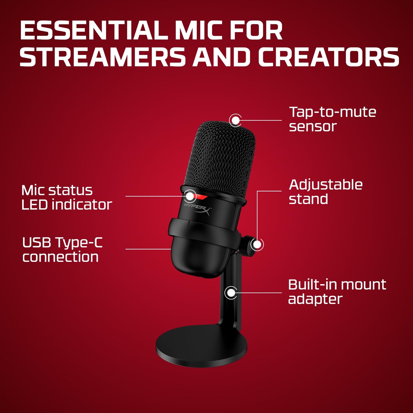 HyperX SoloCast 2 – Gaming USB Condenser Mic for PC, USB-C to USB-A, Built-in Pop Filter, Internal Shock Mount, Plug and Play, 24-bit / 96kHz, Compact Tiltable Stand – Black