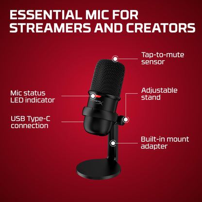 HyperX SoloCast 2 – Gaming USB Condenser Mic for PC, USB-C to USB-A, Built-in Pop Filter, Internal Shock Mount, Plug and Play, 24-bit / 96kHz, Compact Tiltable Stand – Black