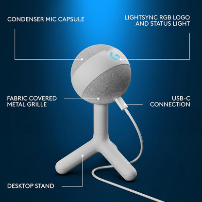 Logitech G Yeti Orb Condenser RGB Gaming Mic with LIGHTSYNC, USB Mic for Streaming, Cardioid for PC/Mac - Off White