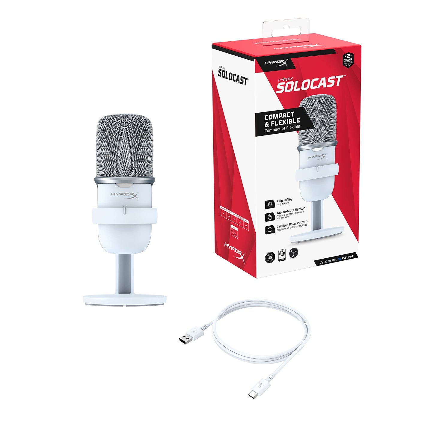HyperX SoloCast 2 – Gaming USB Condenser Mic for PC, USB-C to USB-A, Built-in Pop Filter, Internal Shock Mount, Plug and Play, 24-bit / 96kHz, Compact Tiltable Stand – Black