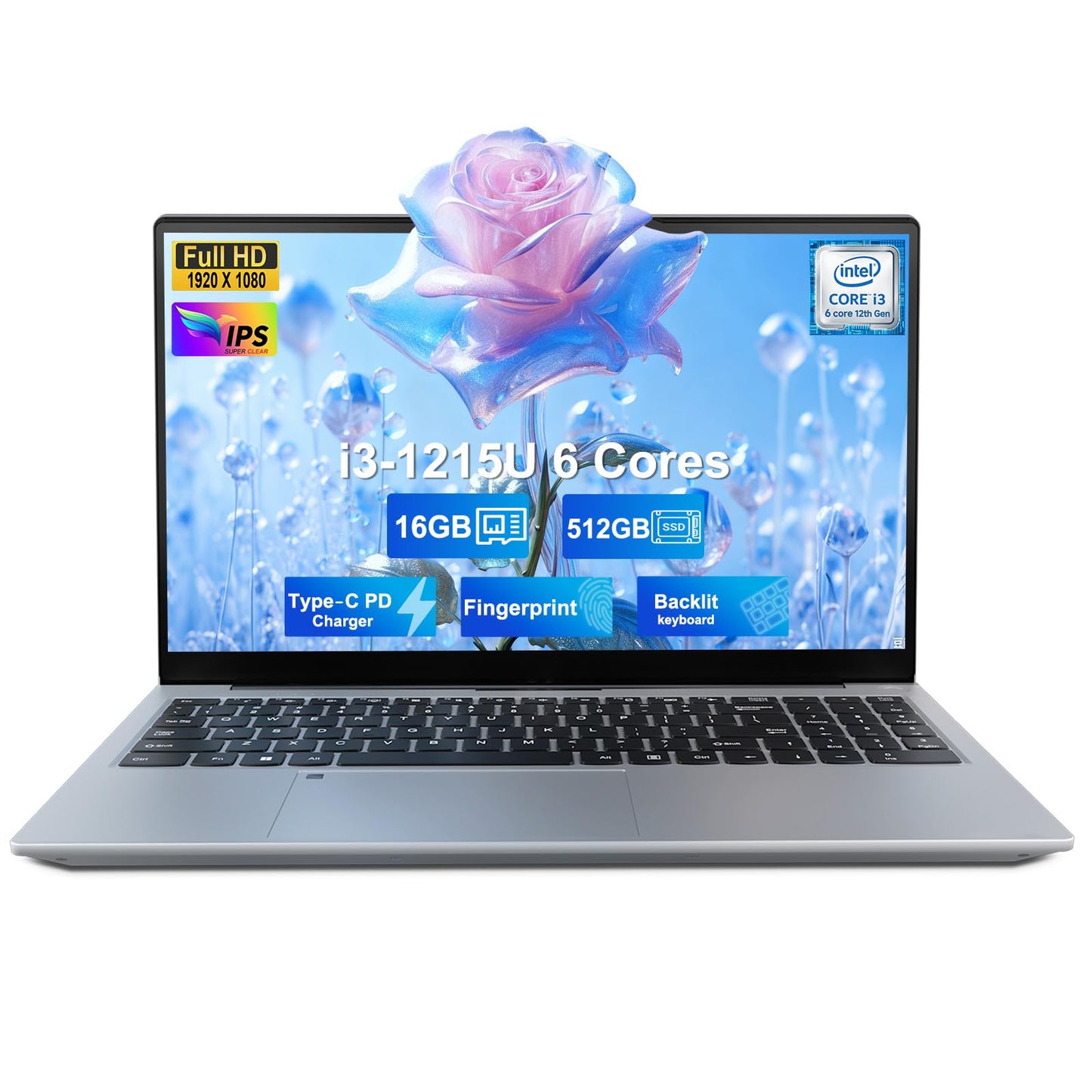 NIMO 15.6" IPS FHD Student Laptop, Intel 6-Core i3-1215U, 16GB RAM, 512GB SSD (Beats R5 7520U, Up to 4.4GHz), Two-Year Warranty, Backlit Keyboard, Fingerprint, Wi-Fi 6, for Home & Business