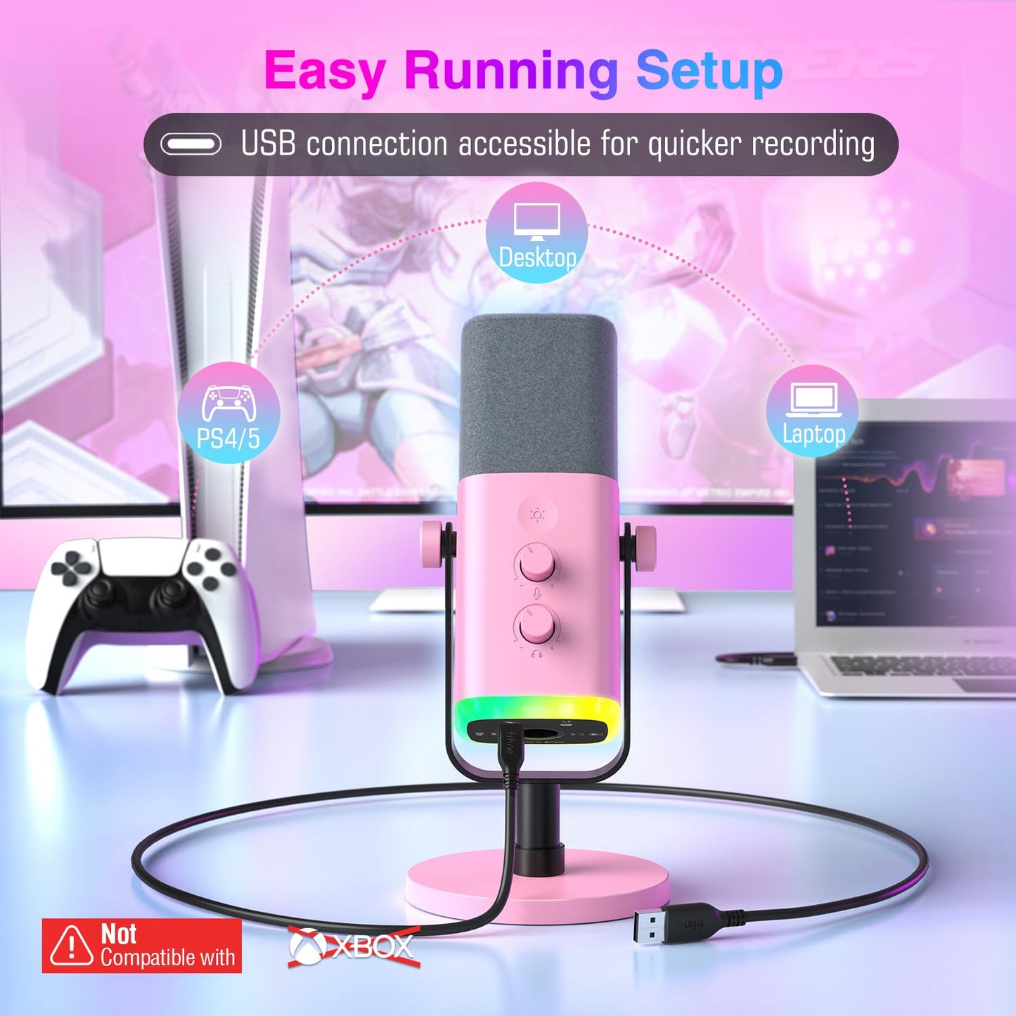 FIFINE USB/XLR Dynamic Microphone for Podcast Recording, PC Computer Gaming Streaming Mic with RGB Light, Mute Button, Headphones Jack, Desktop Stand, Vocal Mic for Singing YouTube-AmpliGame AM8