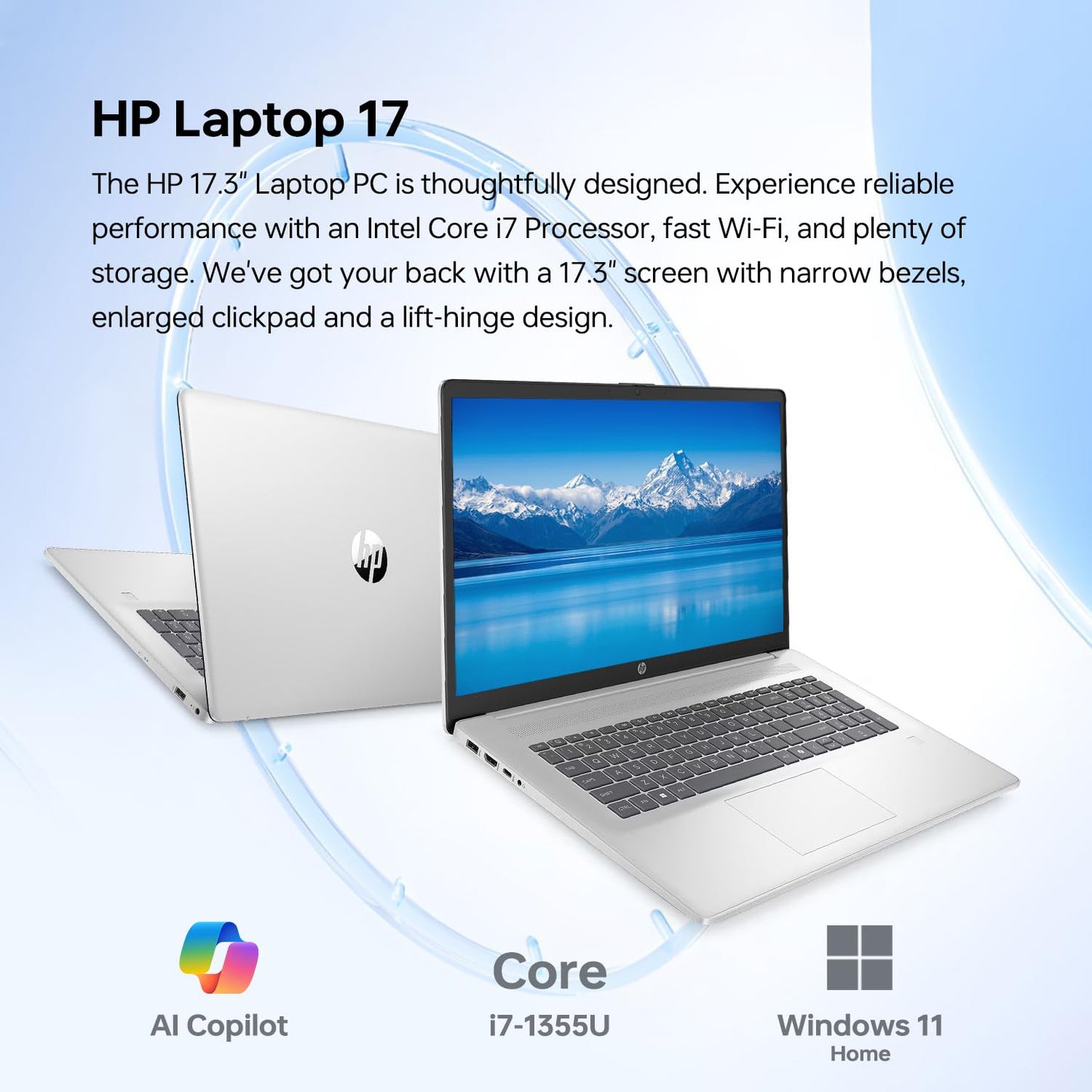 HP Essential 17 Laptop AI PC, 17.3" Touchscreen, Core i7-1355U (10 Cores, up to 5GHz Max Turbo), 16GB RAM, 1TB SSD, Backlit KB, FP Reader, Wi-Fi 6, Win11 Home, Rose Gold, Bundle with PCO Laptop Cooler