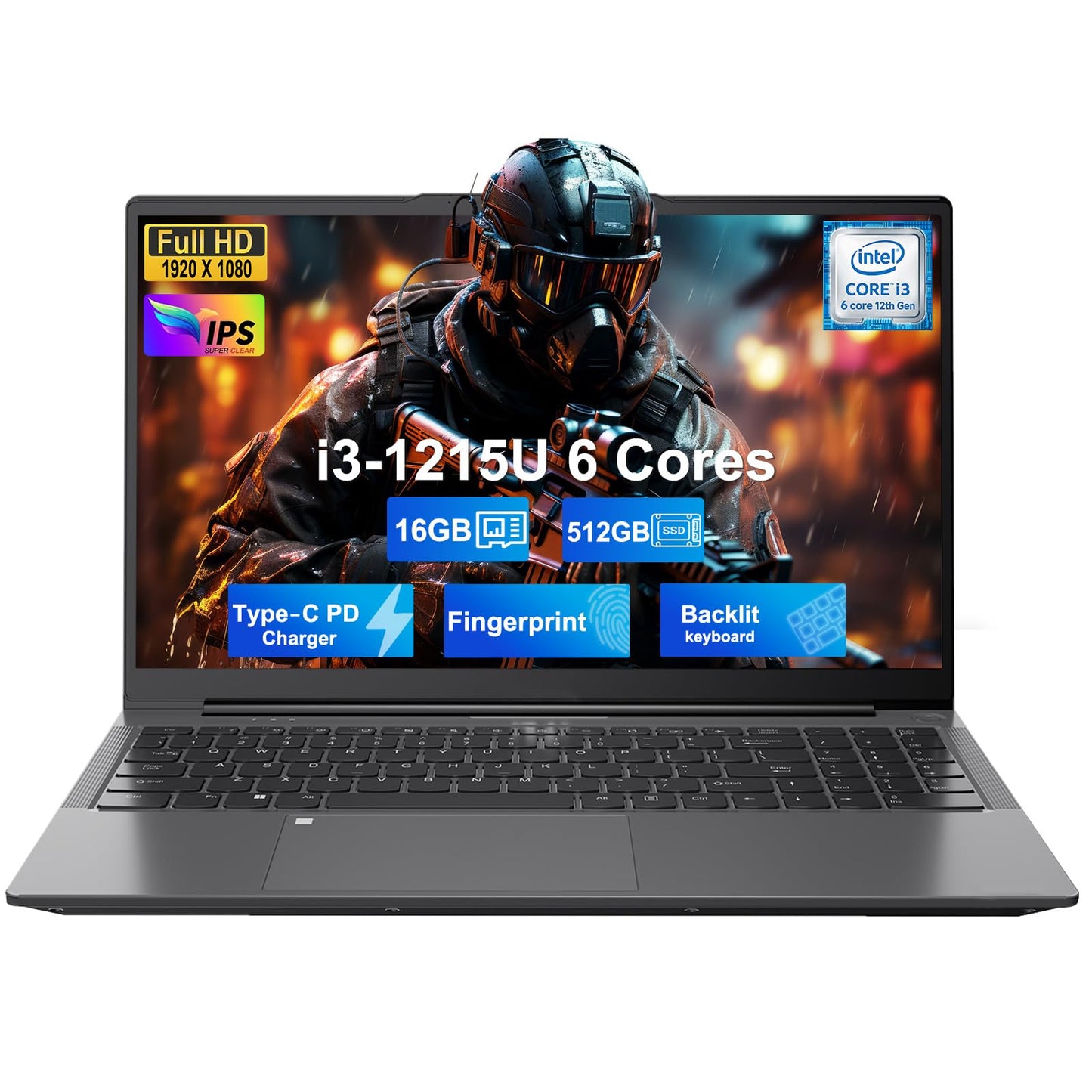 NIMO 15.6" IPS FHD Student Laptop, Intel 6-Core i3-1215U, 16GB RAM, 512GB SSD (Beats R5 7520U, Up to 4.4GHz), Two-Year Warranty, Backlit Keyboard, Fingerprint, Wi-Fi 6, for Home & Business