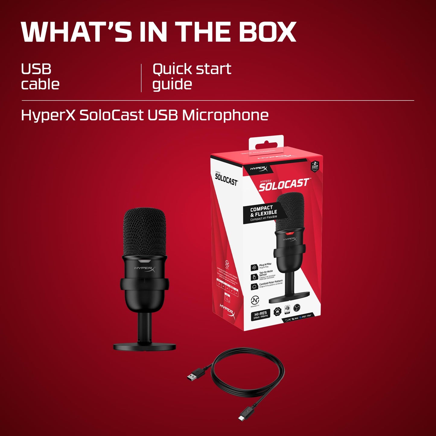 HyperX SoloCast 2 – Gaming USB Condenser Mic for PC, USB-C to USB-A, Built-in Pop Filter, Internal Shock Mount, Plug and Play, 24-bit / 96kHz, Compact Tiltable Stand – Black