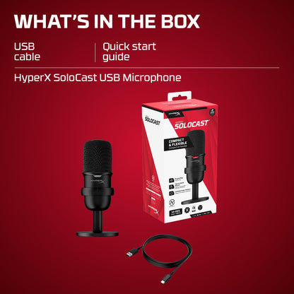HyperX SoloCast 2 – Gaming USB Condenser Mic for PC, USB-C to USB-A, Built-in Pop Filter, Internal Shock Mount, Plug and Play, 24-bit / 96kHz, Compact Tiltable Stand – Black