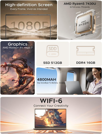 Laptop, 2026 Laptop, ΑΜD Ryzen 5 7430U (Up to 4.3GHz), 16GB RAM 512GB NVMe SSD, 15.6-in IPS Laptop Computer WiFi 6, Numeric Keypad, Home Laptops Office Laptops, HDMI Type-C
