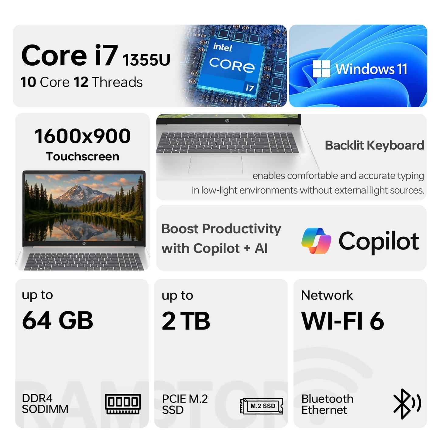 HP Essential 17 Laptop AI PC, 17.3" Touchscreen, Core i7-1355U (10 Cores, up to 5GHz Max Turbo), 16GB RAM, 1TB SSD, Backlit KB, FP Reader, Wi-Fi 6, Win11 Home, Rose Gold, Bundle with PCO Laptop Cooler