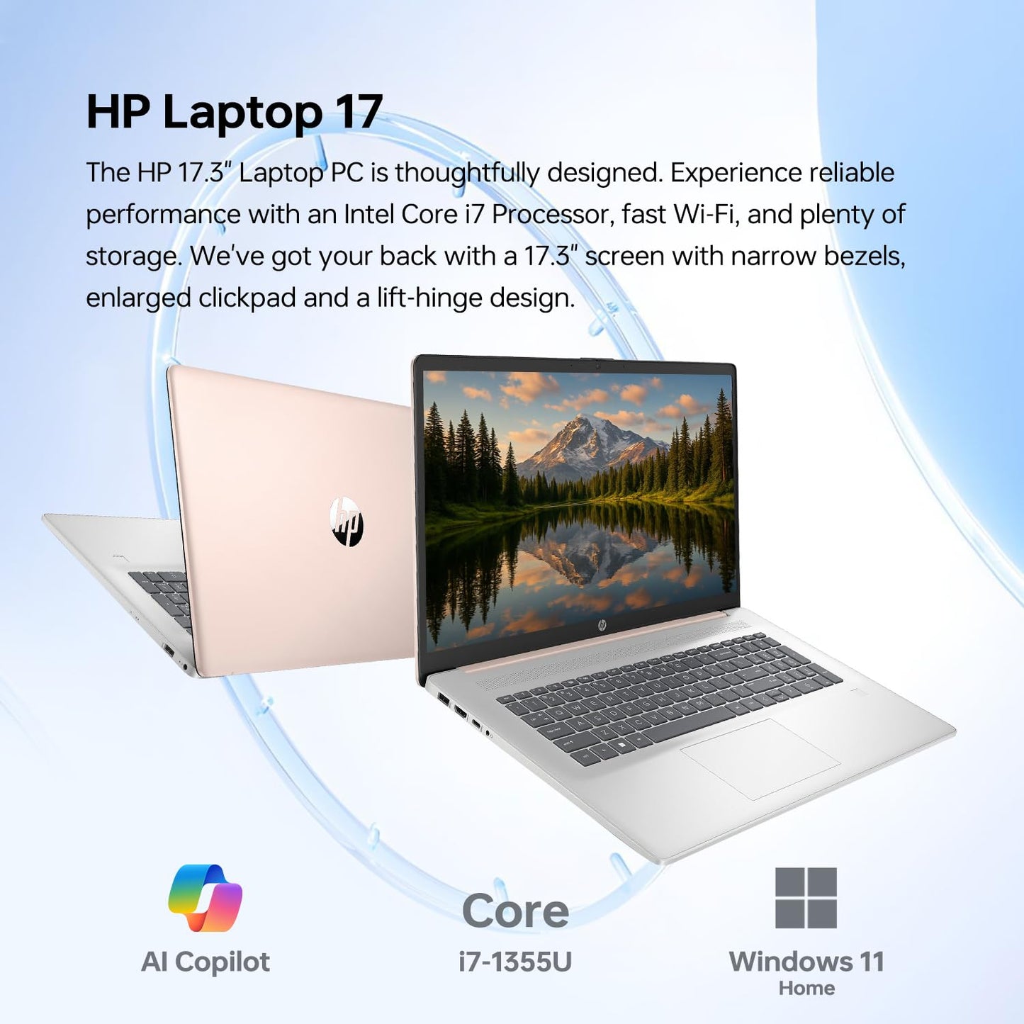 HP Essential 17 Laptop AI PC, 17.3" Touchscreen, Core i7-1355U (10 Cores, up to 5GHz Max Turbo), 16GB RAM, 1TB SSD, Backlit KB, FP Reader, Wi-Fi 6, Win11 Home, Rose Gold, Bundle with PCO Laptop Cooler