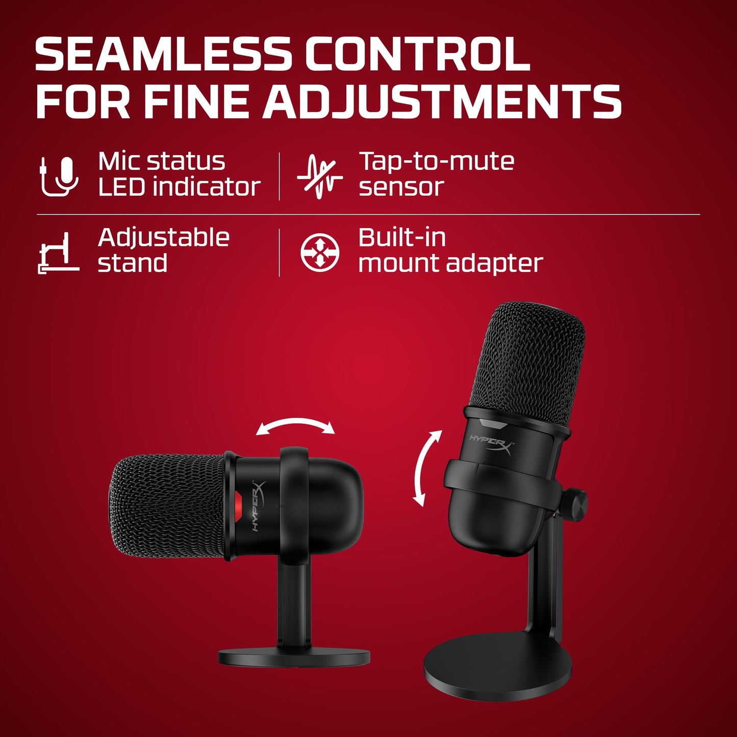 HyperX SoloCast 2 – Gaming USB Condenser Mic for PC, USB-C to USB-A, Built-in Pop Filter, Internal Shock Mount, Plug and Play, 24-bit / 96kHz, Compact Tiltable Stand – Black